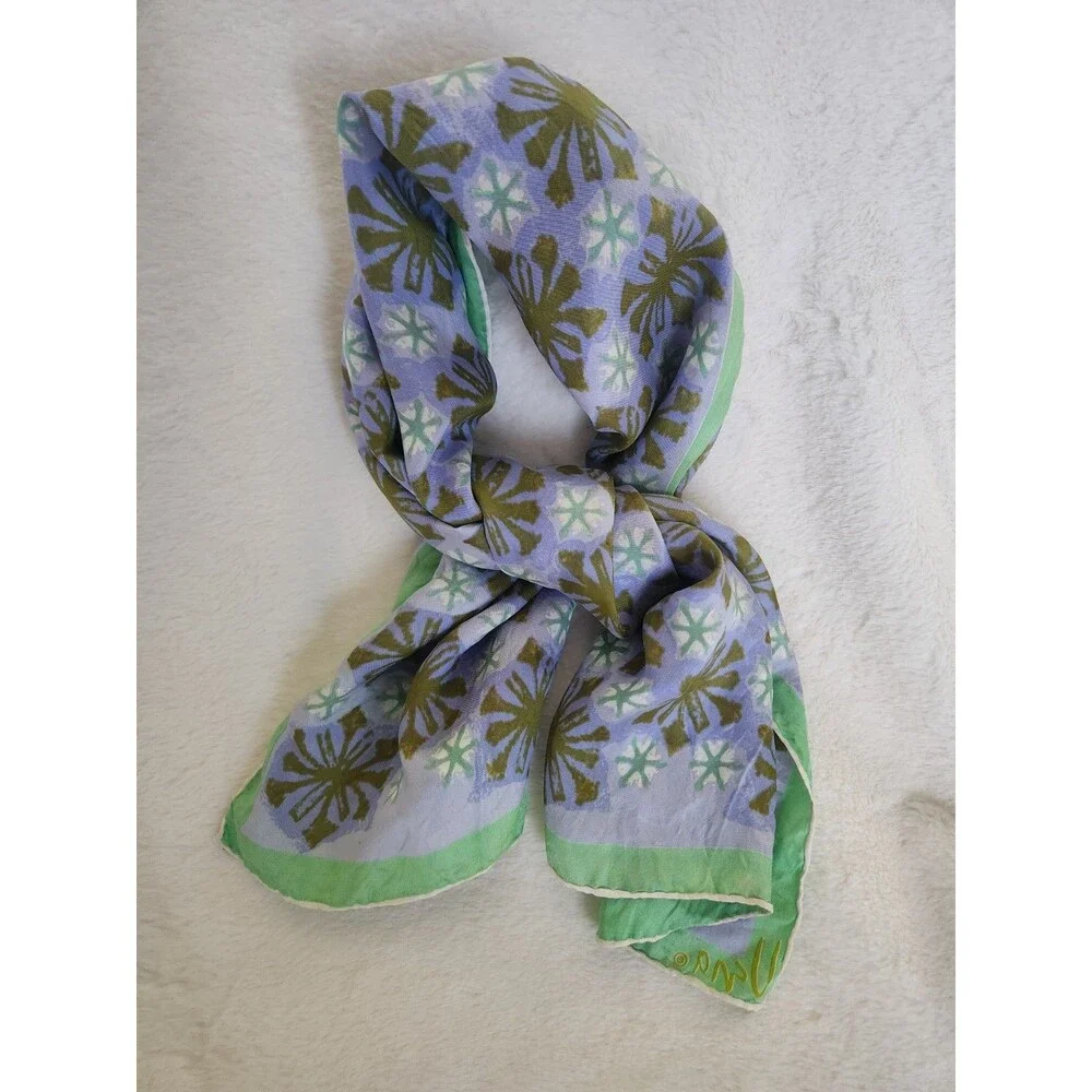 Vintage Vera Neumann Silk Scarf HandRolled Green Blue 60-70's Flower Geo Design